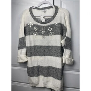 Avenue Womens Tunic Sweater Plus 18/20 Stripes Beaded Bling Holiday Snowflake